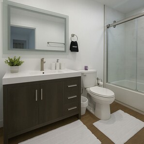 Douche, séchoir à cheveux, serviettes fournies, savon