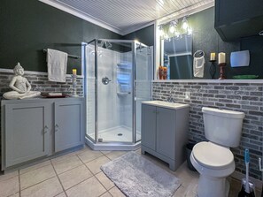 Douche, séchoir à cheveux, serviettes fournies, savon