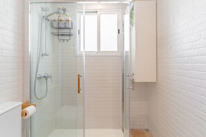 Shower, hair dryer, towels