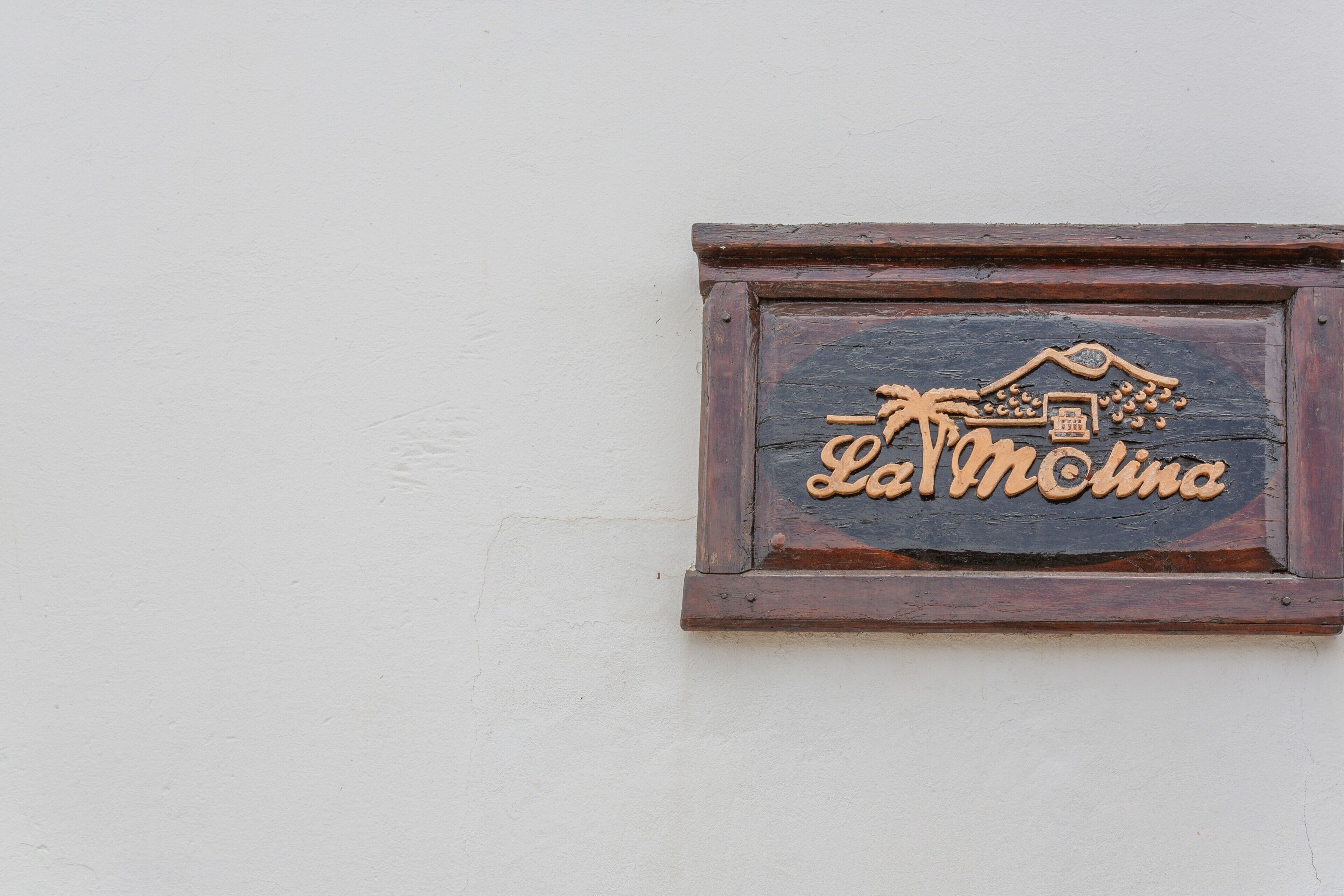 Un letrero de madera con el texto 'La Molina' y un gráfico de una casa con una montaña y palmeras.