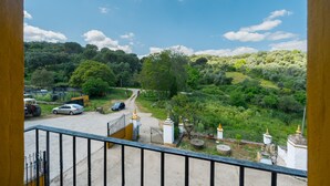 A view from a balcony overlooking a lush green landscape with a clear sky, a paved area with a gate, and a few parked vehicles.