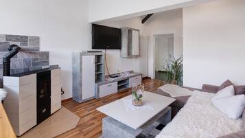 Fernseher, Kamin, DVD-Player, Stereoanlage