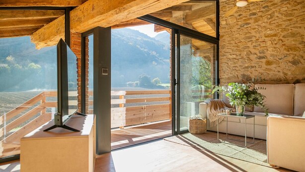 Un intérieur moderne avec un mur en pierre, des poutres en bois au plafond, une porte vitrée donnant sur un balcon et un coin salon agrémenté d’une plante.