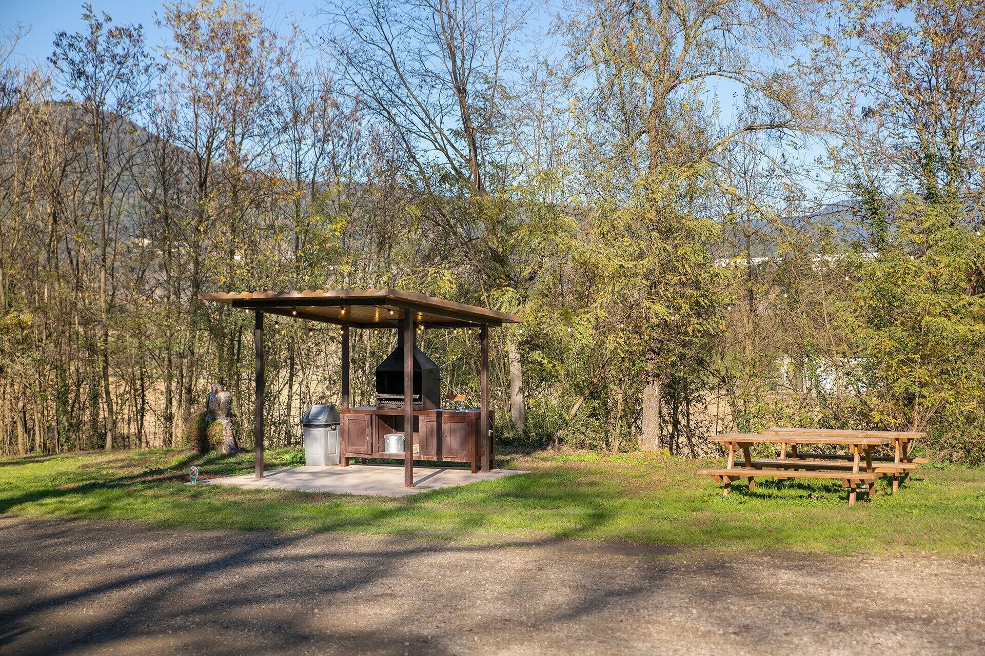 Un kiosque en bois avec un barbecue, une poubelle et une table de pique-nique, situé dans un parc.