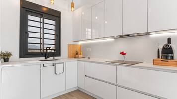 Frigorífico, microondas, horno y placa de cocina