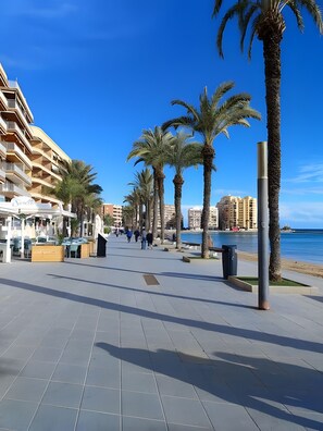 A coastal promenade with palm trees, a beach, and a hotel with balconies. - Holiday Apartment 'With Pool 50m from the Beach' with Shared Pool, Wi-Fi and Air Conditioning (Torrevieja)