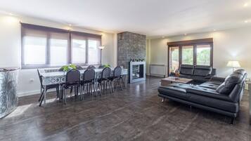 Una televisión, una chimenea, un reproductor de DVD