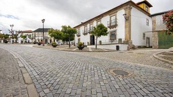 A cobblestone street with historic buildings, a central roundabout, and a fountain.
