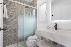 Shower, hair dryer, towels