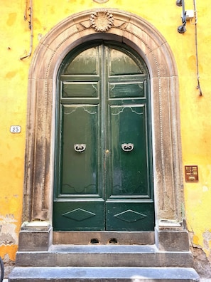 A green double door with ornate metal handles, set within a stone archway, against a yellow wall. - Apartment 'Federico - In Pieno Centro' with Wi-Fi and Air Conditioning (Lucca)