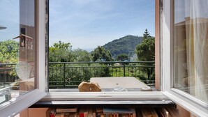 A balcony with a view of a hill, a stone, and a glass object.