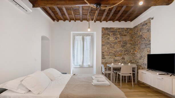 Un dormitorio con cama, escritorio, televisor y pared de piedra.