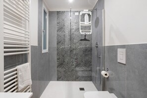 Shower, hair dryer, towels