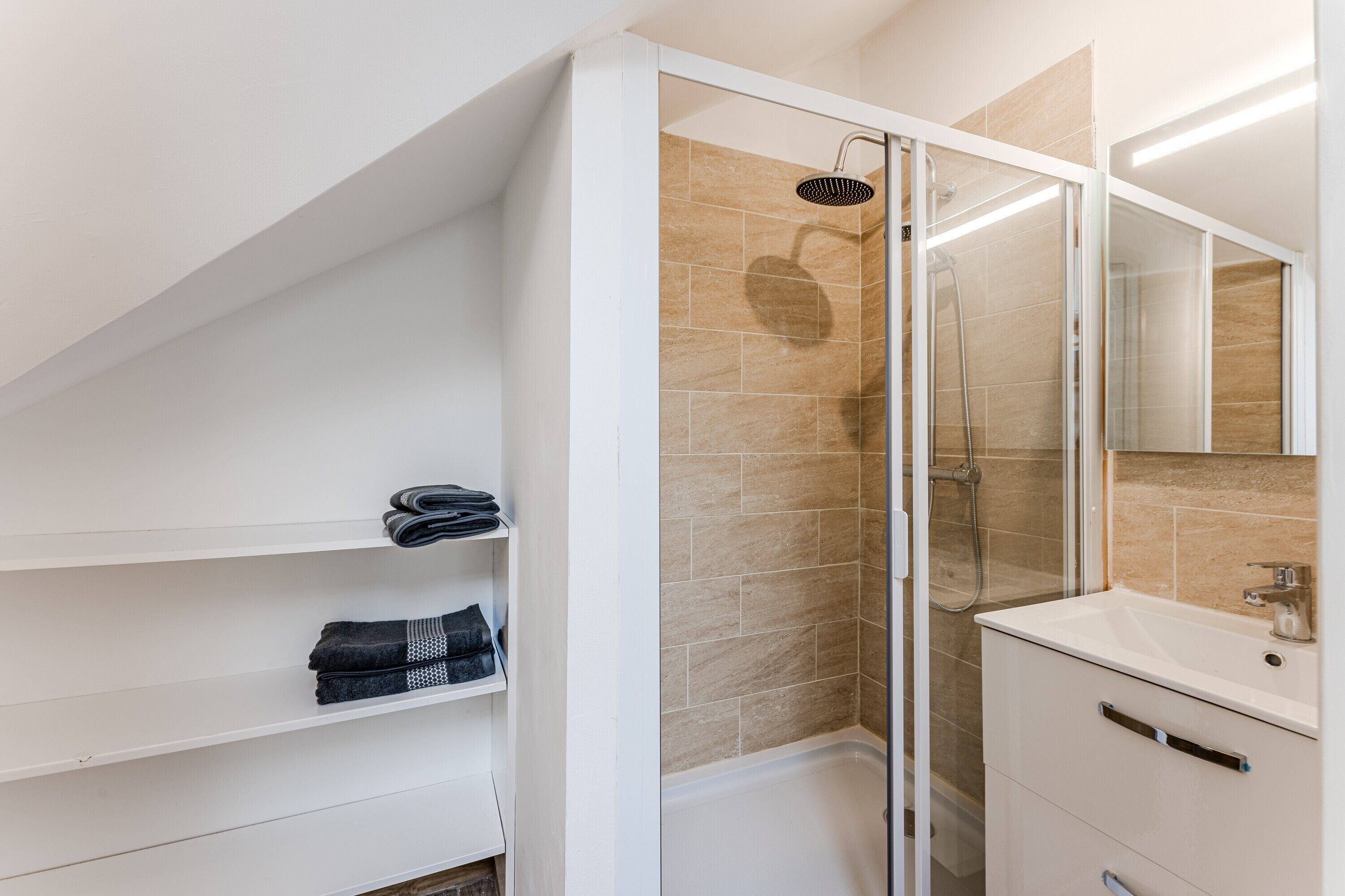 Shower, hair dryer, towels