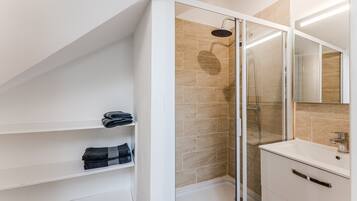 Shower, hair dryer, towels