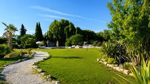 A well-maintained garden with a gravel path, a lawn, and various plants.