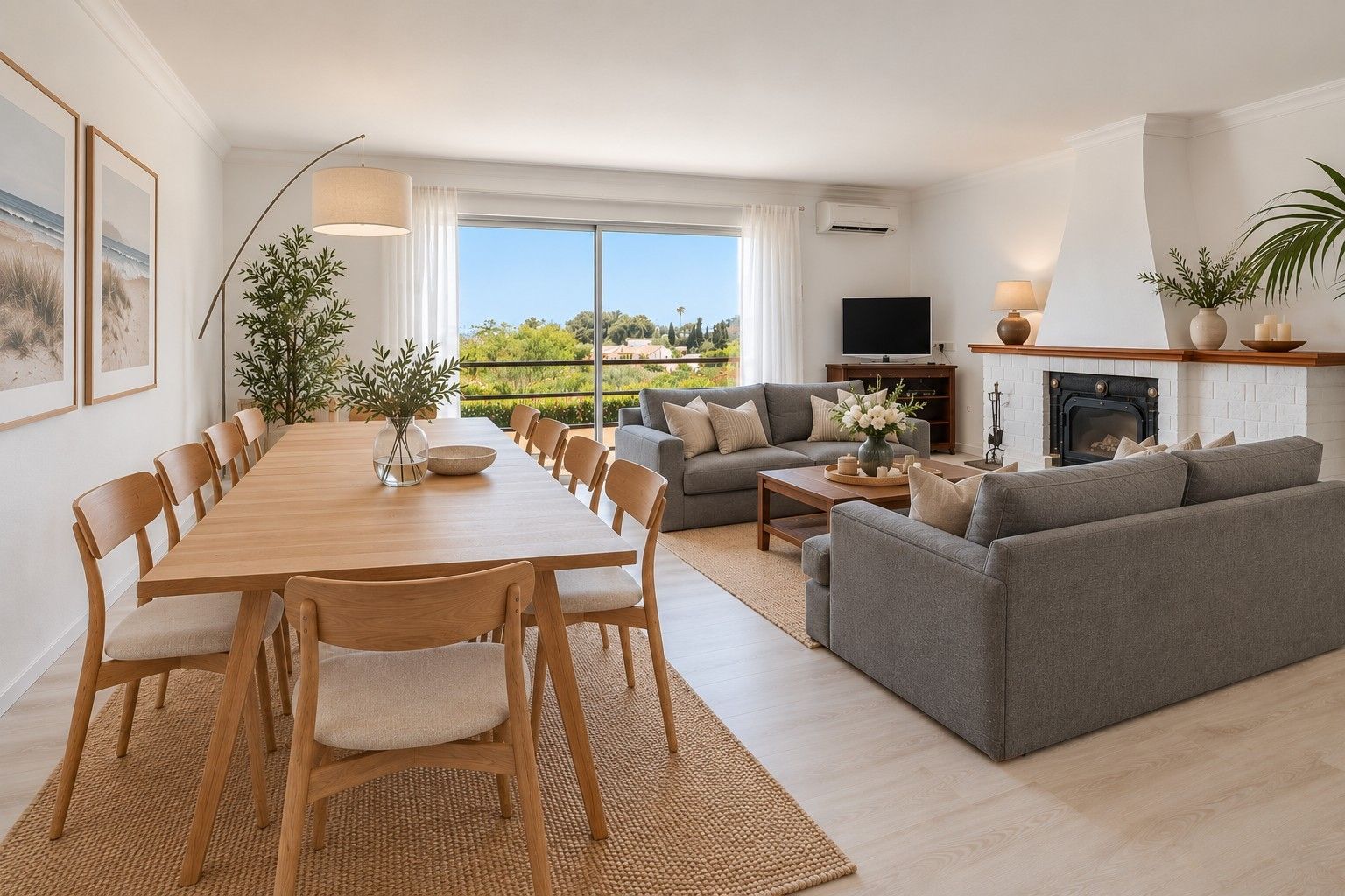 A modern living room with a dining area, grey sofas, a fireplace, and a large window with a view.