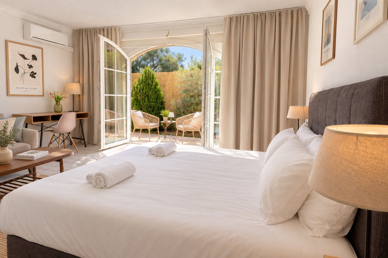 A hotel room with a large bed, a desk, a chair, and a view of the outdoors.