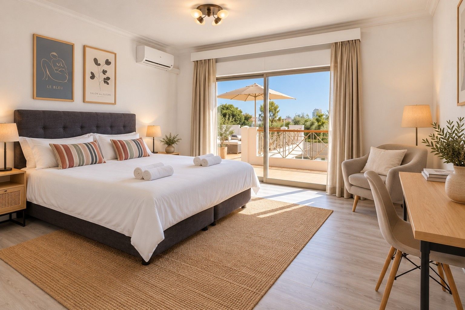 A hotel room with a large bed, a balcony with an umbrella, and a dining area.