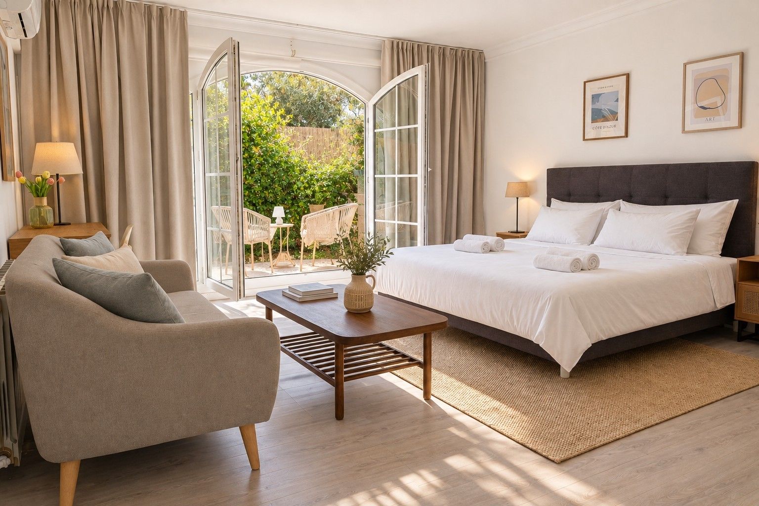 Une chambre d’hôtel avec un lit, un canapé, une table basse et une vue sur un jardin, visible à travers une porte vitrée.
