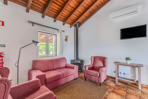 A living room with a wooden ceiling, a sofa, a chair, a TV, a fireplace, and a small table.