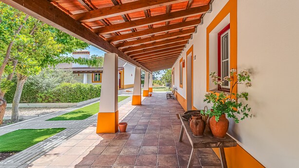 Un corredor exterior cubierto con suelo de baldosas, columnas y plantas en macetas.