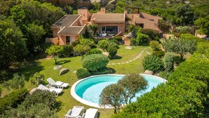 A large house with a swimming pool surrounded by lush greenery and a well-maintained lawn. - Villa 'Viola Con Piscina E Giardino' with Sea View, Private Pool and Wi-Fi (Punta Sardegna)