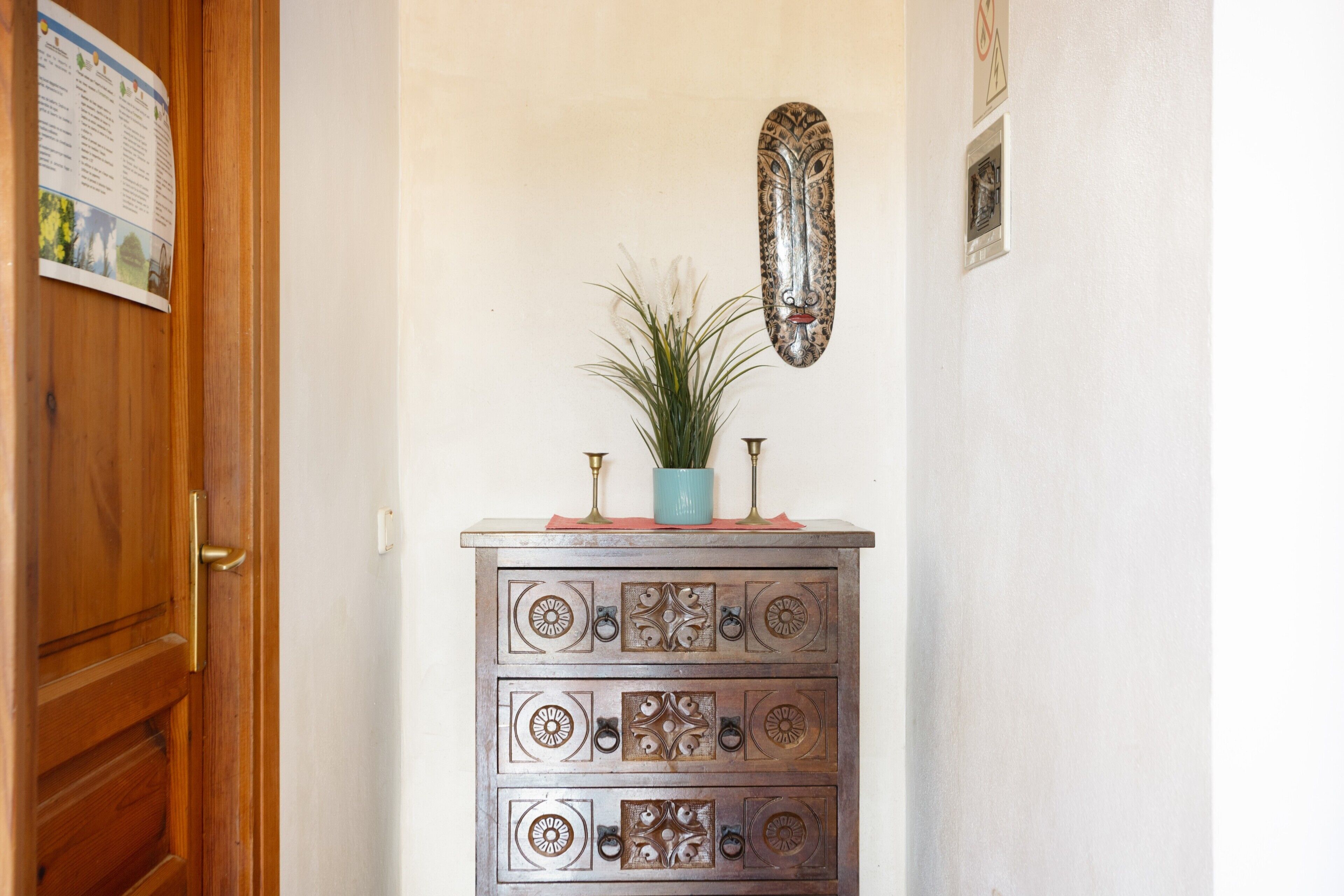 A wooden door, a decorative cabinet with a plant, and a wall-mounted ornament.