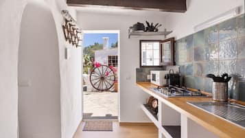 Kühlschrank, Mikrowelle, Herdplatte, Wasserkocher mit Kaffee-/Teezubehör