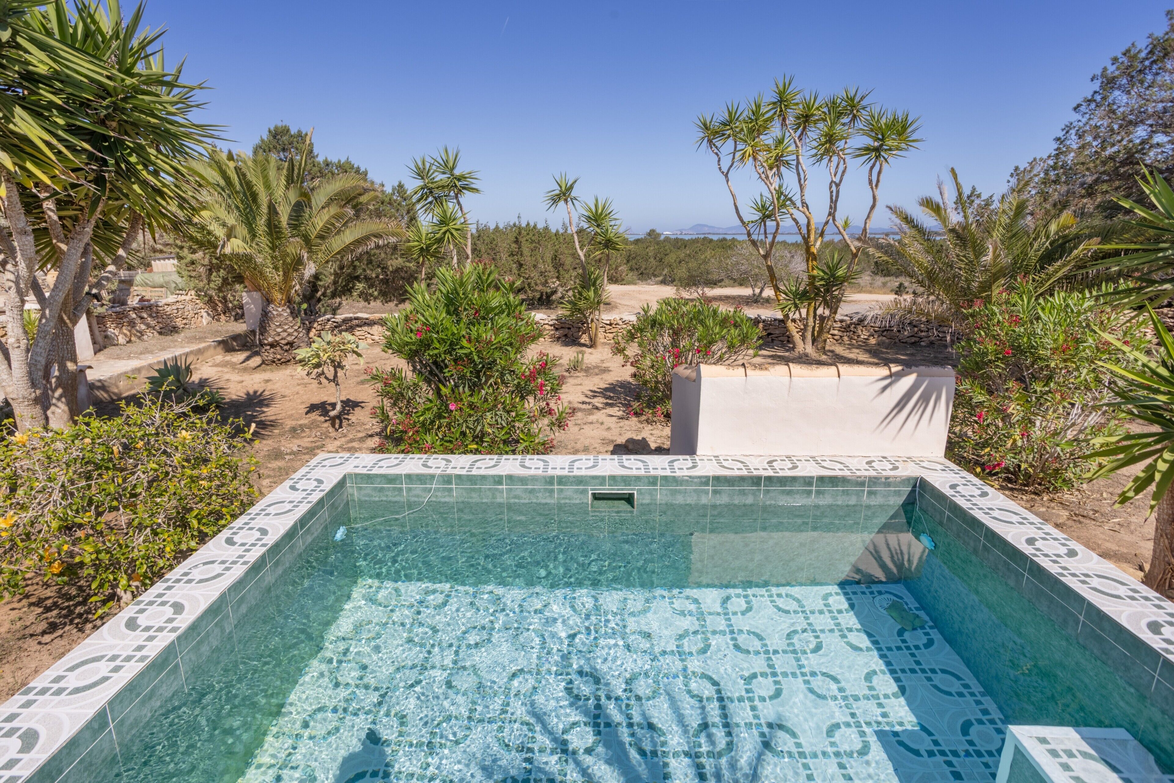 Ein Schwimmbecken mit gemusterten Fliesen, umgeben von tropischer Vegetation und freiem Blick auf das Meer.