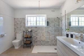 Shower, hair dryer, towels