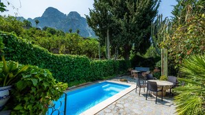Una piscina con suelo de piedra, rodeada de follaje y una mesa con sillas.