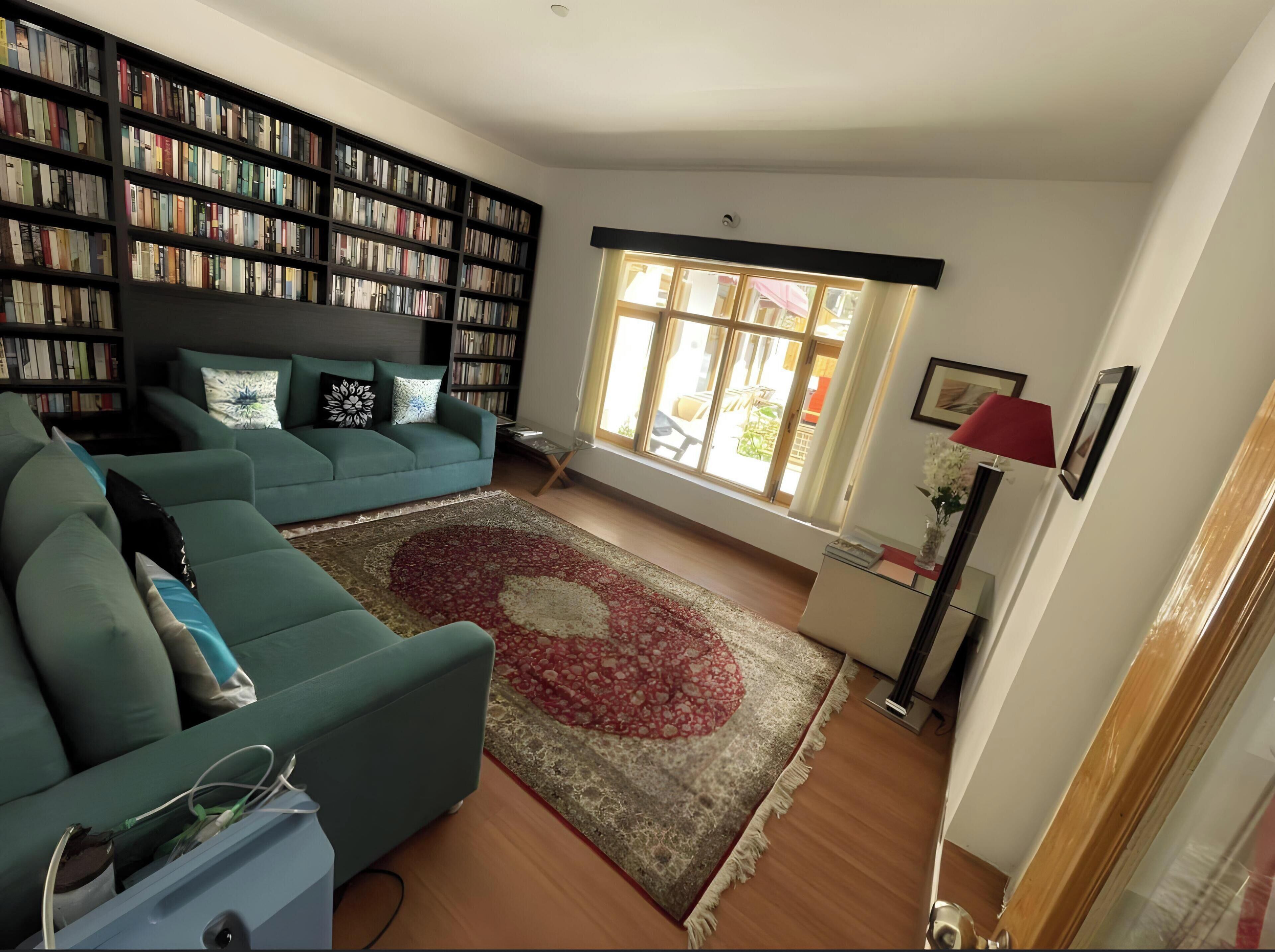 A living room with a teal sofa, a large bookshelf, a red and beige rug, and a window with a view of the outdoors.