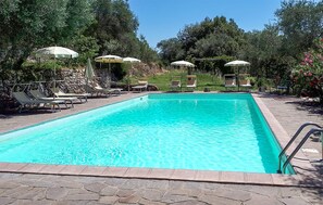 Ein rechteckiger Pool mit Steinbord, umgeben von Liegestühlen und Sonnenschirmen.