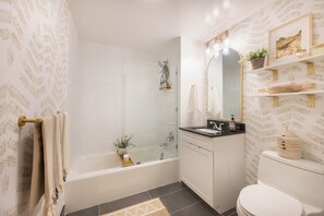 Eco-friendly toiletries, hair dryer, towels, soap