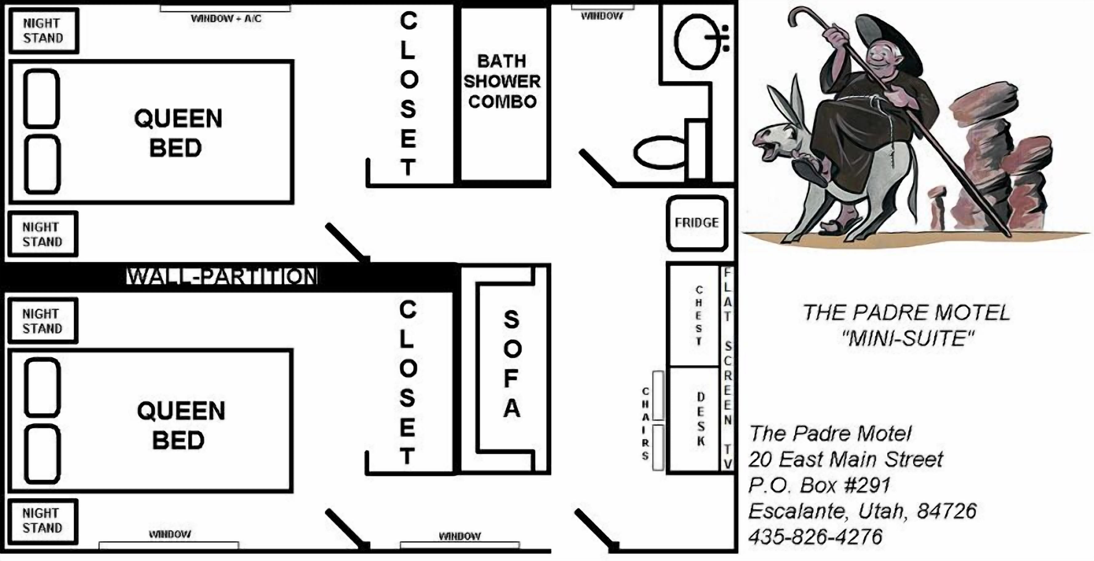 A floor plan of The Padre Motel 'Mini-Suite' with two queen beds, a closet, a bath shower combo, a fridge, a sofa, a desk, and a chair.