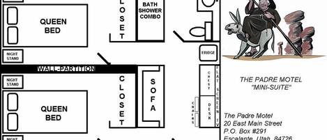 A floor plan of The Padre Motel 'Mini-Suite' with two queen beds, a closet, a bath shower combo, a fridge, a sofa, a desk, and a chair.