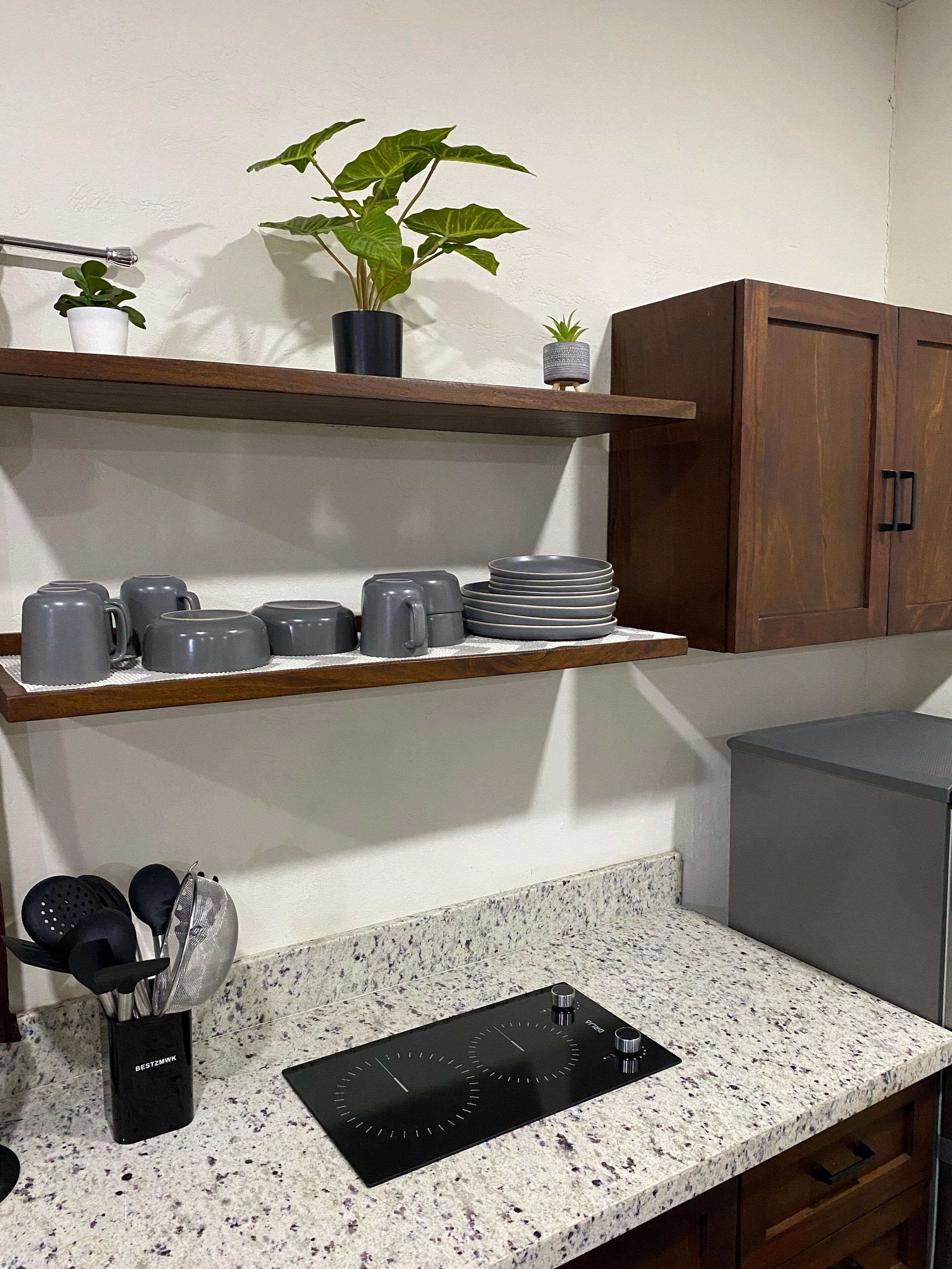 Full-size fridge, microwave, stovetop, coffee/tea maker
