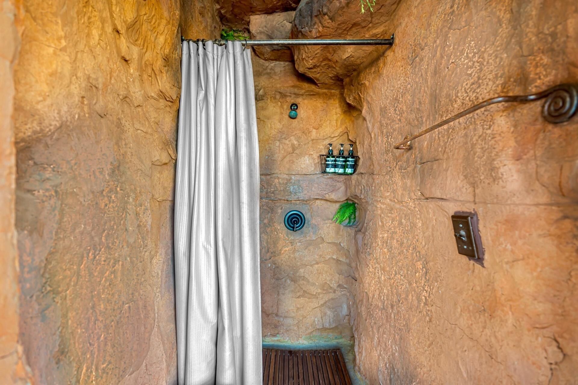 A shower area with a curtain, a towel rack, a soap dispenser, and a small plant.