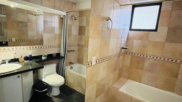 Secadora de cabello, toallas, jabón, papel de baño