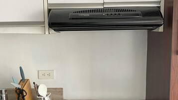 Fridge, microwave, stovetop, electric kettle