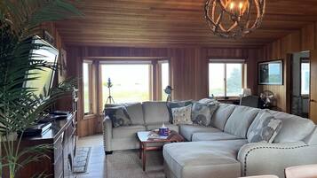 Smart TV, fireplace, DVD player, books