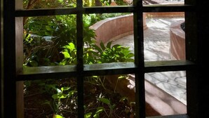 A view through a window with a grid pattern, revealing a brick pathway and lush greenery outside. - Bahia - 2 bedroom seafront (Palm-Mar)