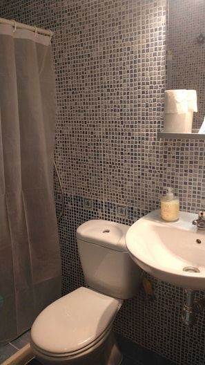 Douche, serviettes fournies, savon, papier toilette