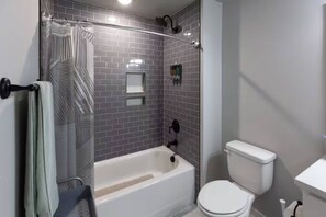 Shower, hair dryer, shampoo