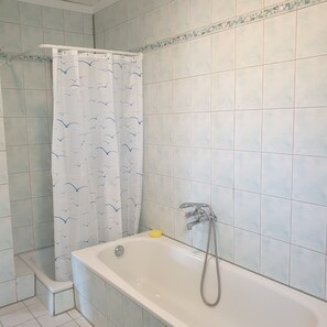 Hair dryer, towels, soap, toilet paper