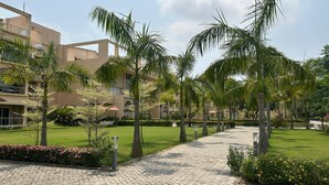 A courtyard with palm trees, a paved walkway, and a building with balconies. - Jagriti Dham (Alipur)