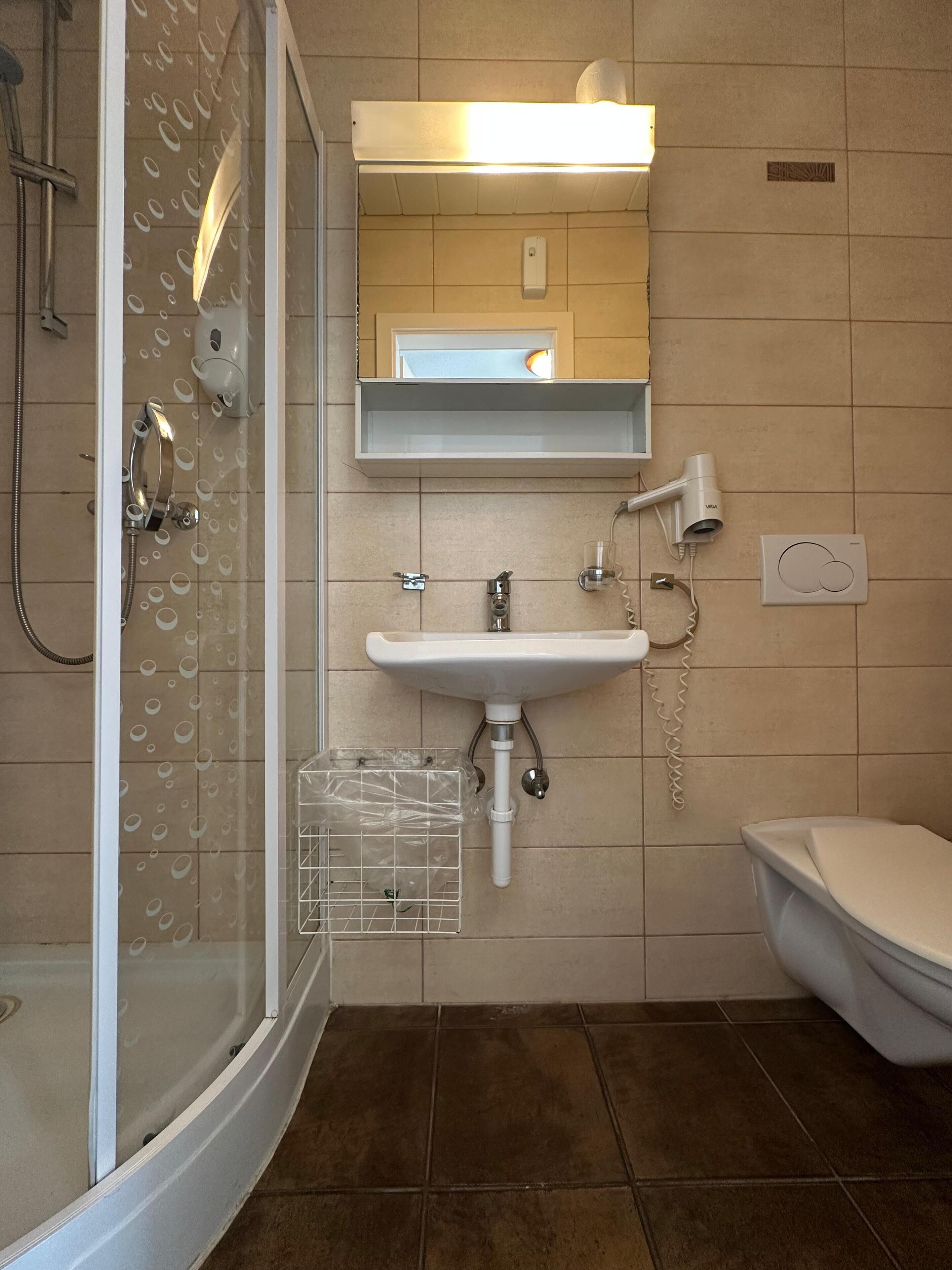 Une salle de bain moderne avec une douche à parois de verre, un lavabo blanc avec un miroir au-dessus et des toilettes.