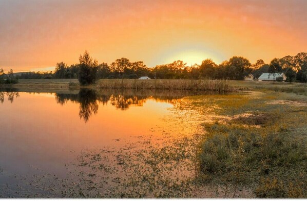 A serene landscape with a body of water reflecting the sunset, surrounded by trees and a distant house.