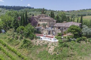 A stone villa with a terrace, surrounded by lush greenery and vineyards.